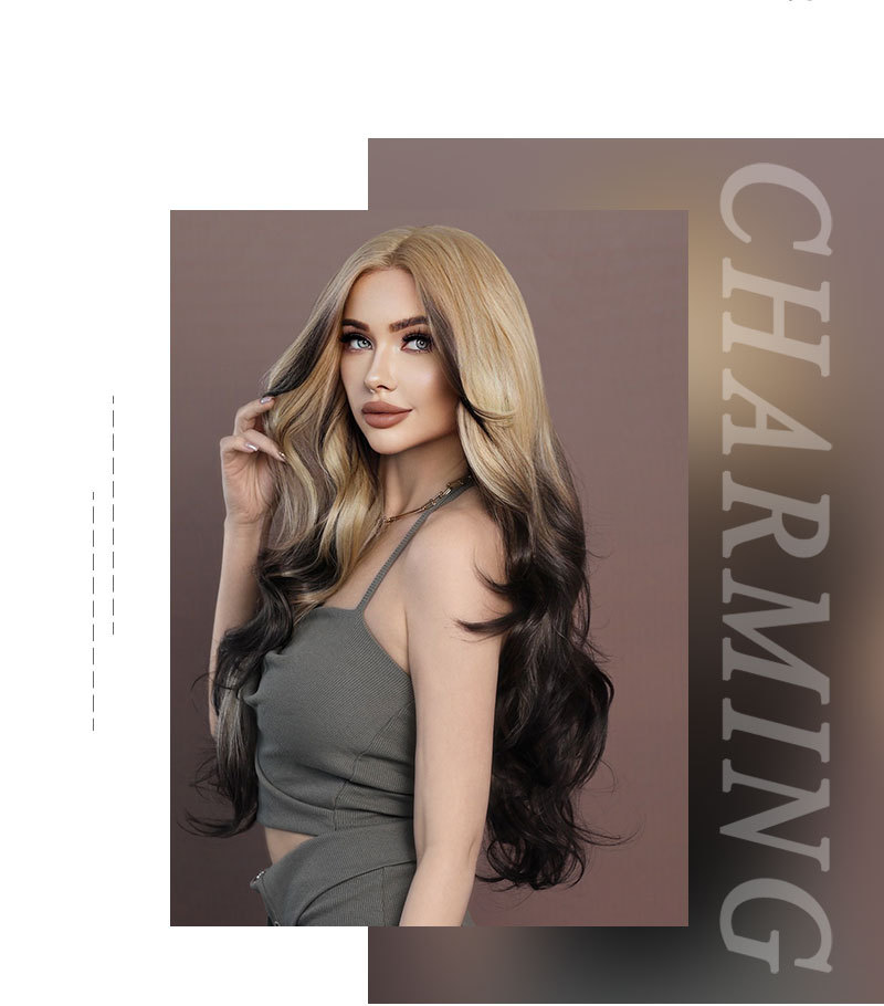 A stylish synthetic wig with front lace, large wavy long curly hair, and a blonde gradient body, ideal for a trendy look