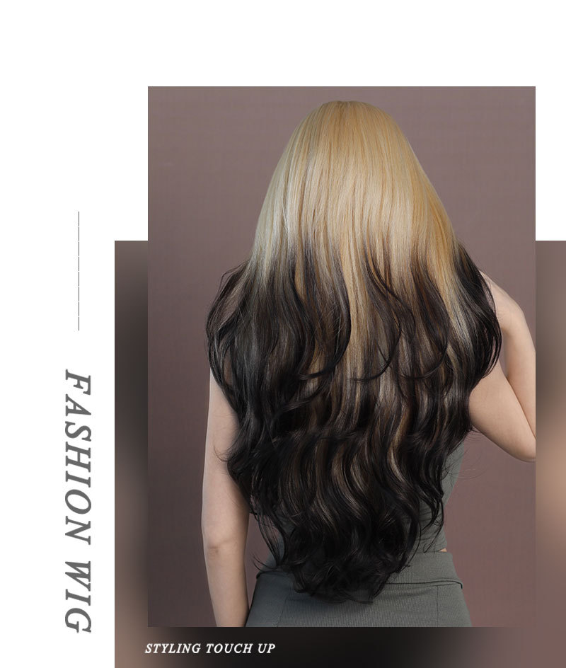 A front lace synthetic wig featuring large wavy long curly hair and a blonde gradient body, designed for a fashionable appearance