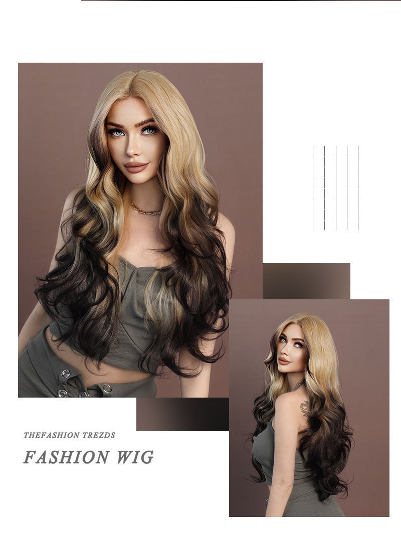A fashionable wig with a blonde gradient body, front lace, and large wavy long curly hair, perfect for a trendy style
