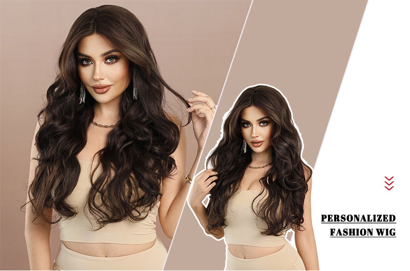 A stylish synthetic wig with black brown big waves and a small T lace front.