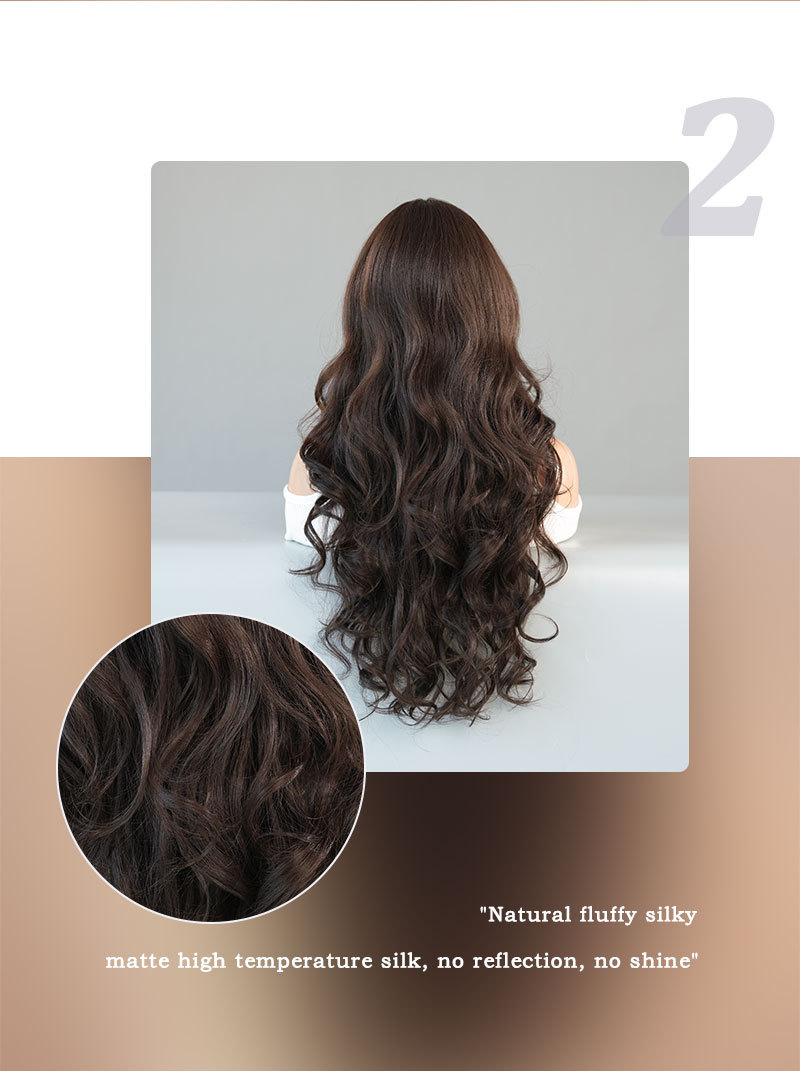 An elegant synthetic wig featuring black brown waves and delicate lace detailing