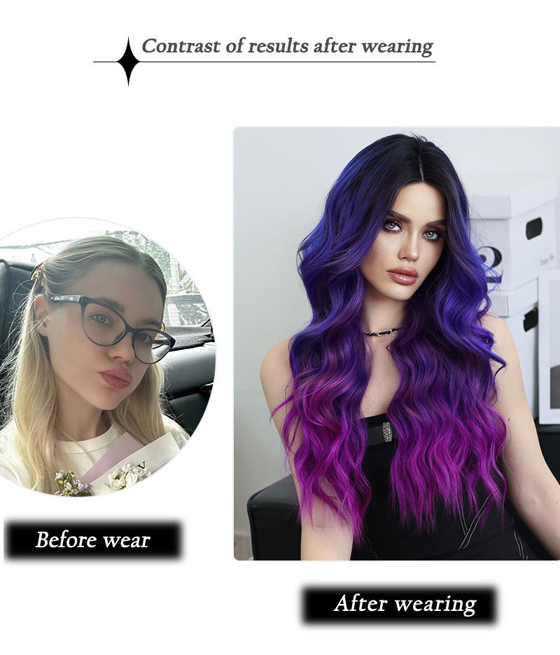 Image of a synthetic wig with dreamy purple blue gradient, small lace, and middle-parted waves hair