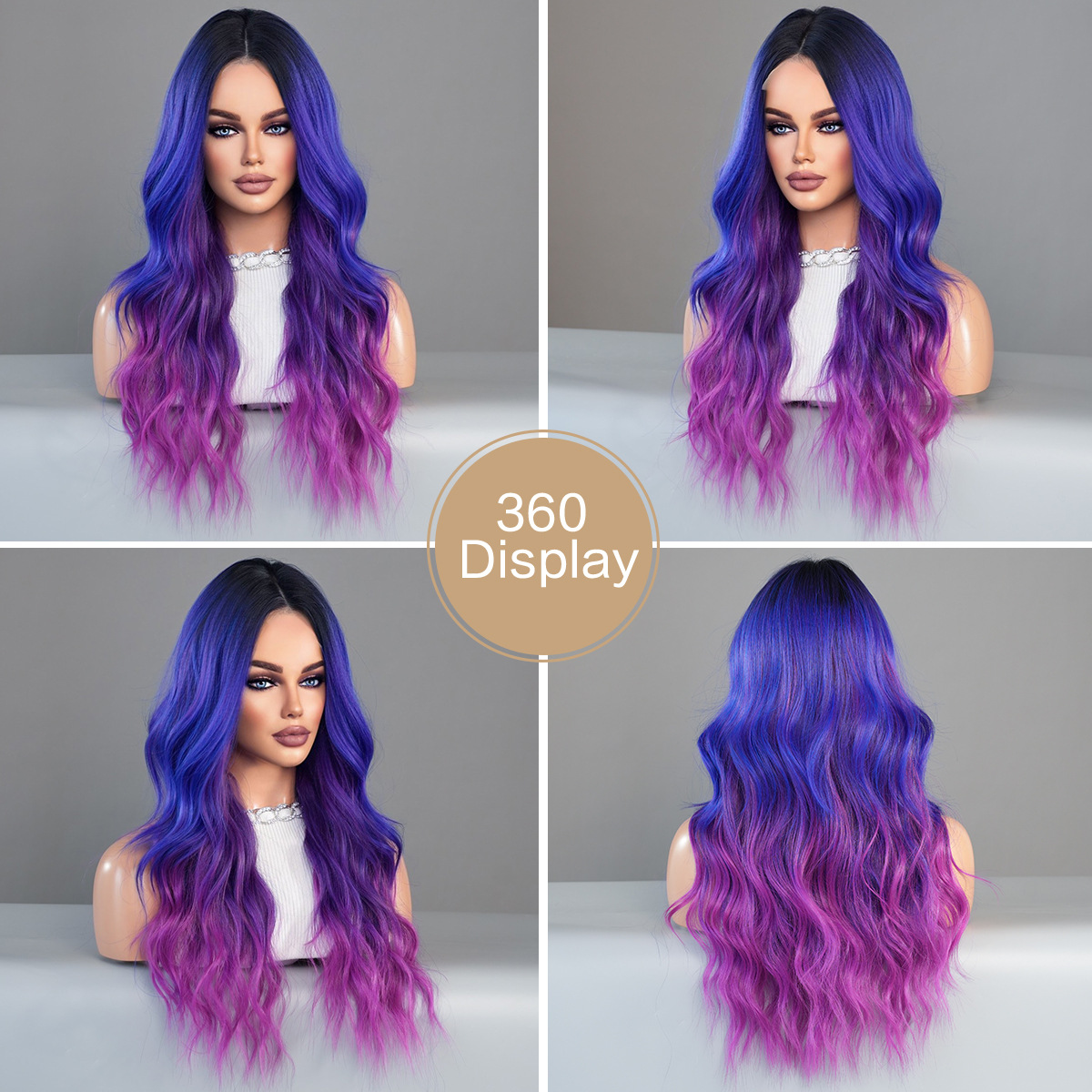 Stylish synthetic wig with small lace, featuring dreamy purple blue gradient and middle-parted waves hair
