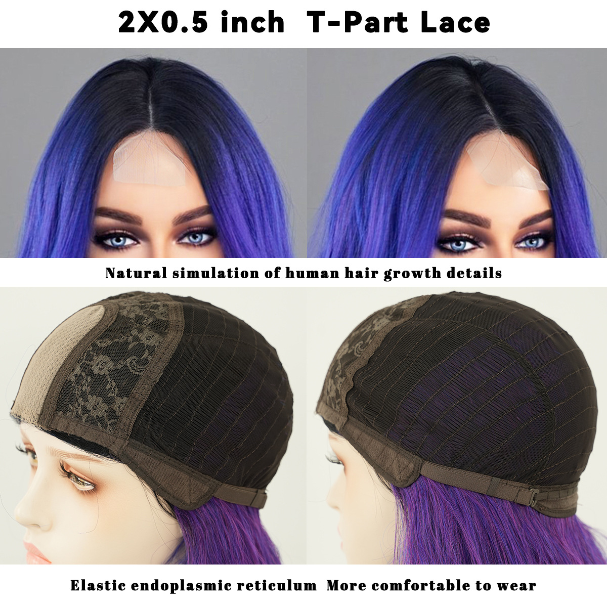 A fashionable synthetic wig with dreamy purple blue gradient and middle-parted waves hair, featuring small lace