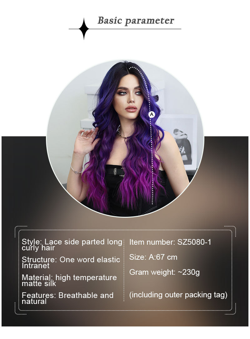 A synthetic wig with dreamy purple blue gradient, small lace, and middle-parted waves hair, ready to wear