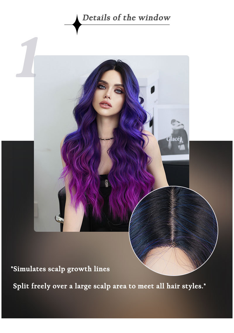 A synthetic wig featuring dreamy purple blue gradient color and middle-parted waves hair, with small lace