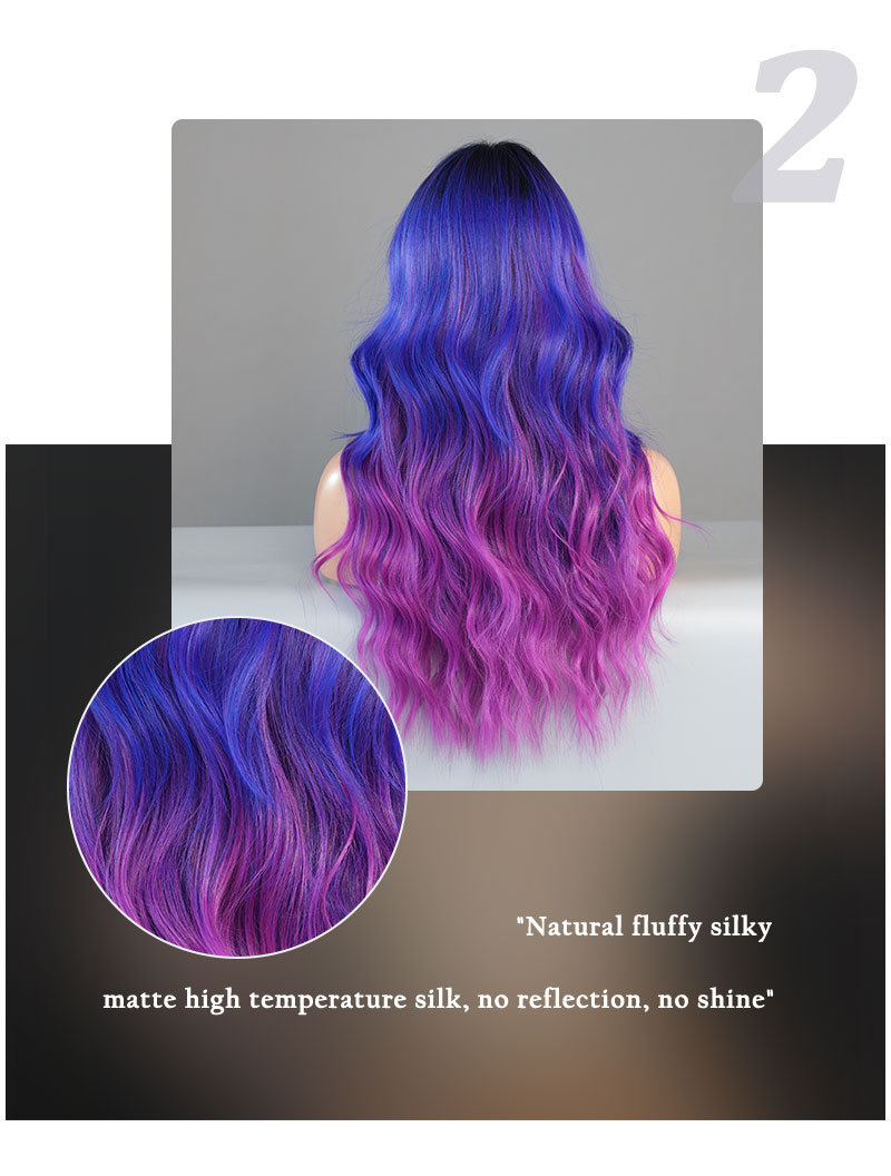 Image of a synthetic wig in dreamy purple blue gradient color, styled with middle-parted waves hair and small lace