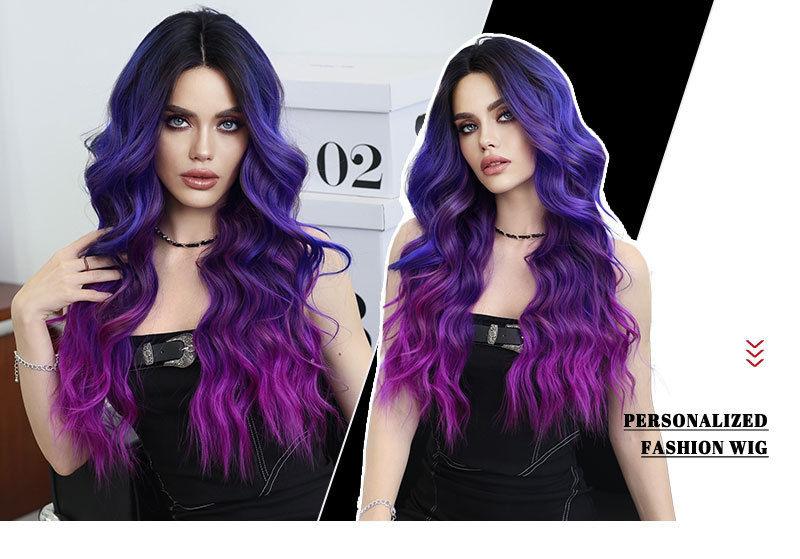 A synthetic wig with dreamy purple blue gradient, featuring small lace and middle-parted waves hair.