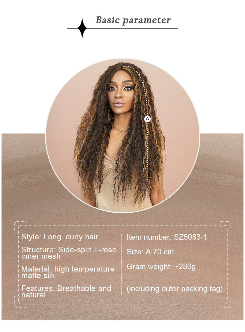 A stylish synthetic wig featuring highlighted brown gold women's medium parted long curly hair with a small T lace, designed for a trendy look