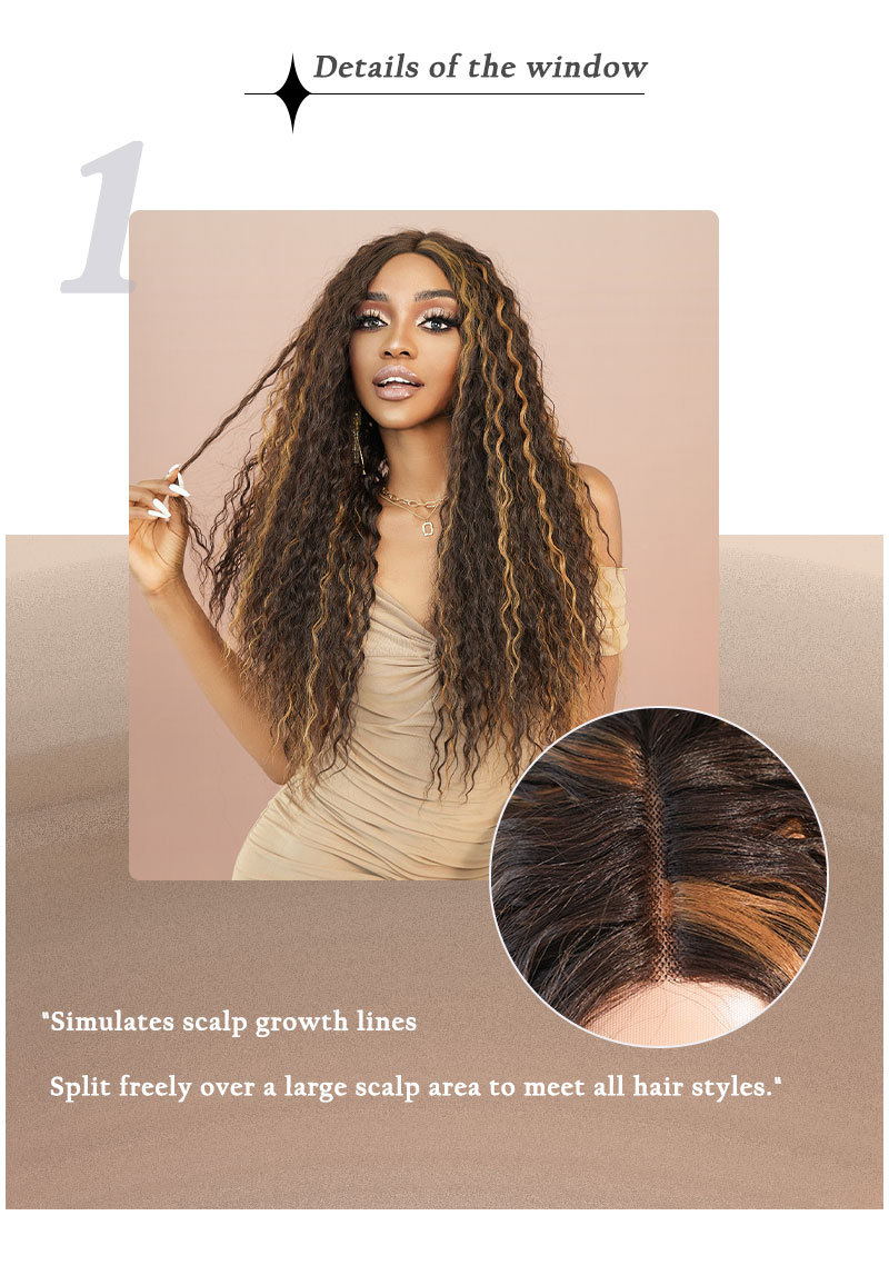 A women's wig with long curly hair, highlighted brown gold synthetic wig featuring a medium part and small T lace, perfect for a stylish appearance