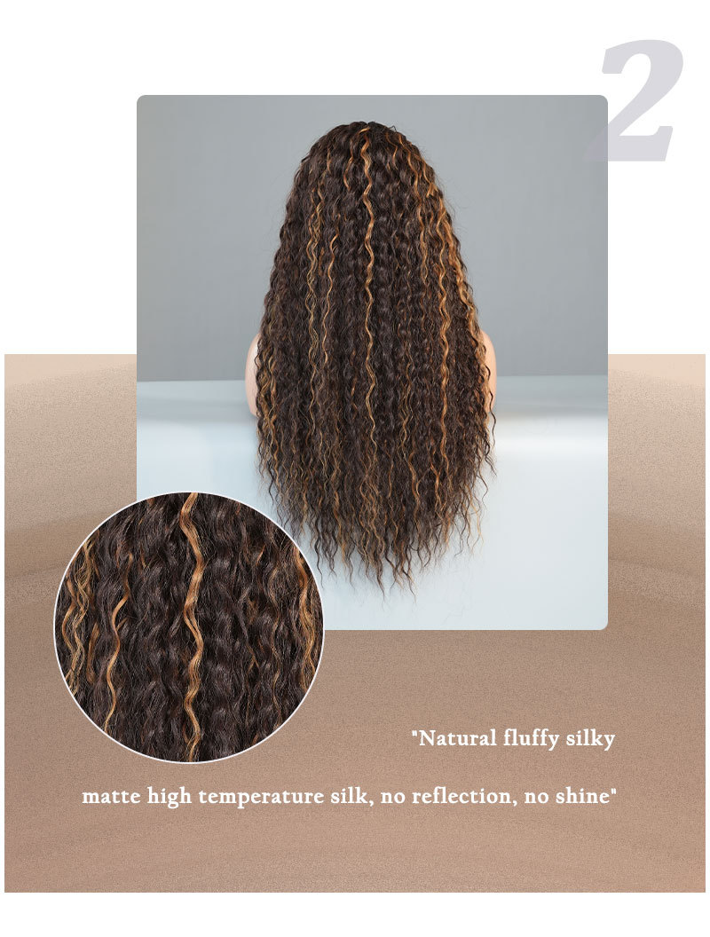 A fashionable wig in highlighted brown gold with women's medium parted long curly hair and small T lace, perfect for a trendy style