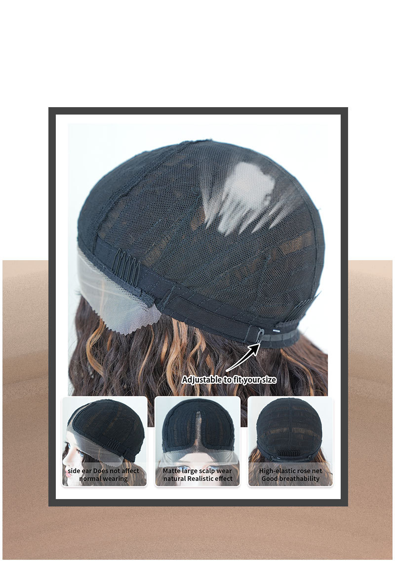 A synthetic wig designed for women, featuring highlighted brown gold medium parted long curly hair with a small T lace, ideal for a stylish and fashionable look