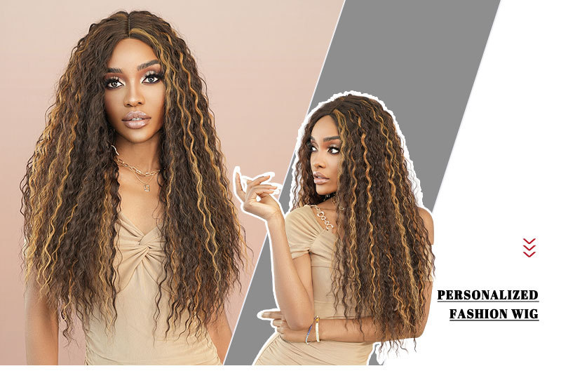 A women's synthetic wig featuring highlighted brown gold medium parted long curly hair with a small T lace, perfect for a stylish look