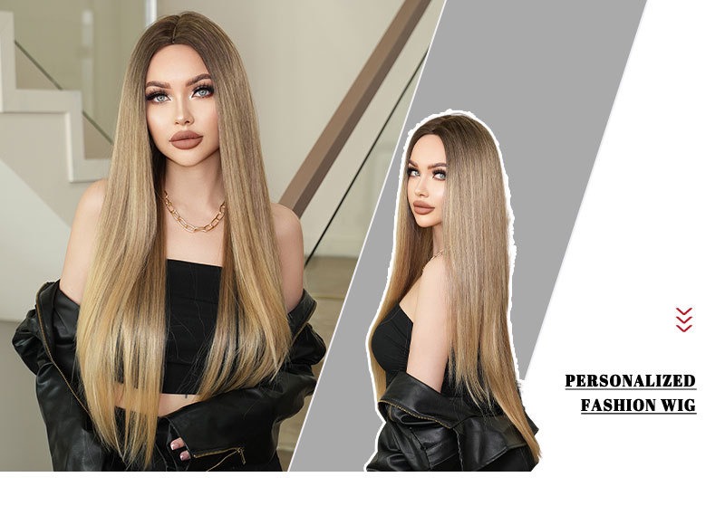 Super Long Straight Synthetic Wig with Natural Golden Gradient
