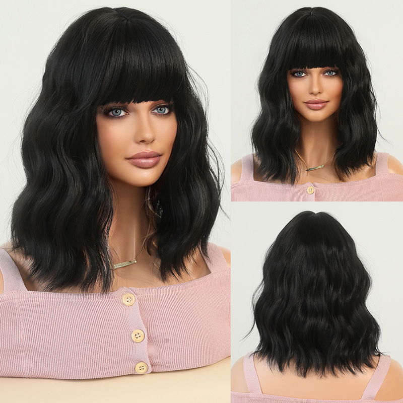A wig with vibrant multicolor short wavy hair and puffy air bangs, made of synthetic material