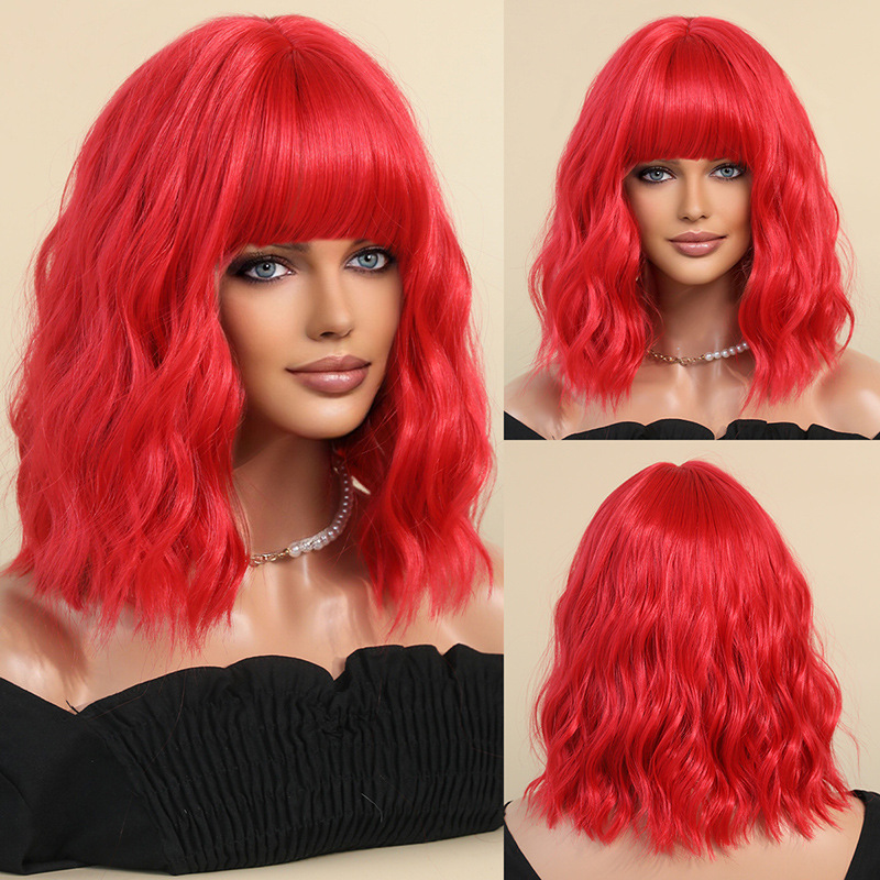 A synthetic wig with multicolor short wavy hair and puffy air bangs, designed for women