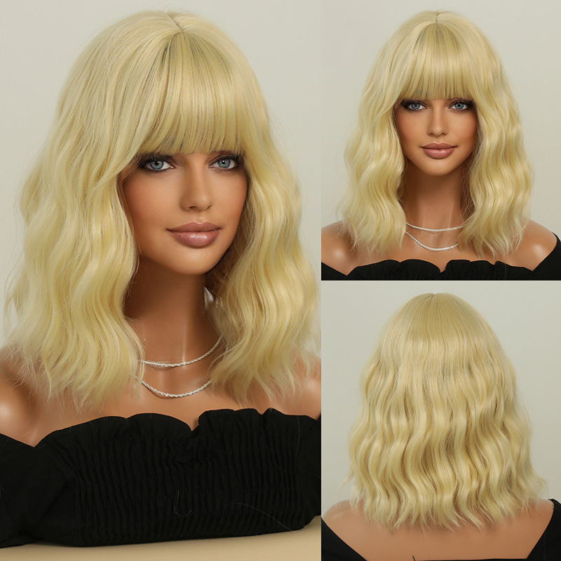 A wig with multicolor short wavy hair and puffy air bangs, made of synthetic material, designed for women