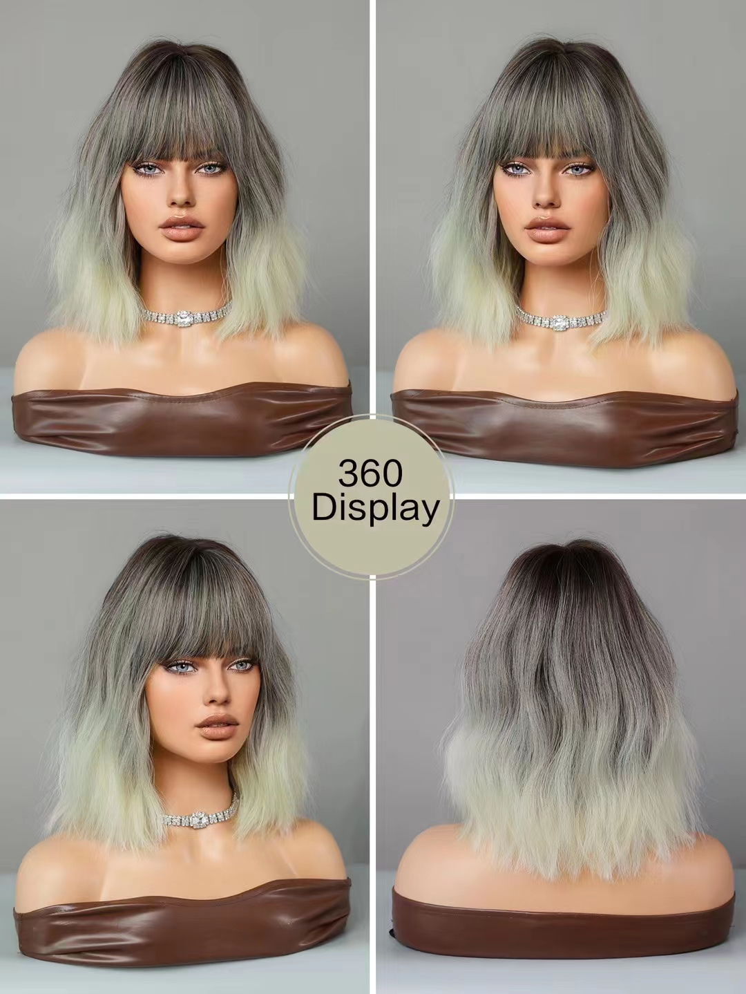 Silver-white synthetic wig by Yinraohai, featuring short wavy hair and Japanese and Korean style bangs, with a gradient effect, ready to wear