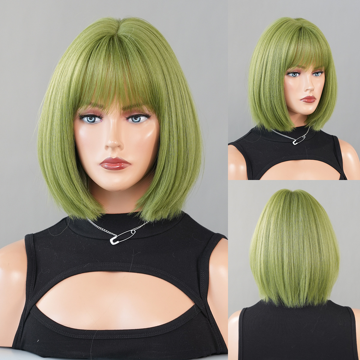 Synthetic wig featuring a YAKI black bob style, with sleek short straight hair and bangs, ready for immediate use