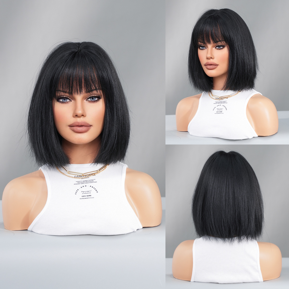 Ready-to-wear synthetic wig with a YAKI black bob cut, showcasing short straight hair and bangs