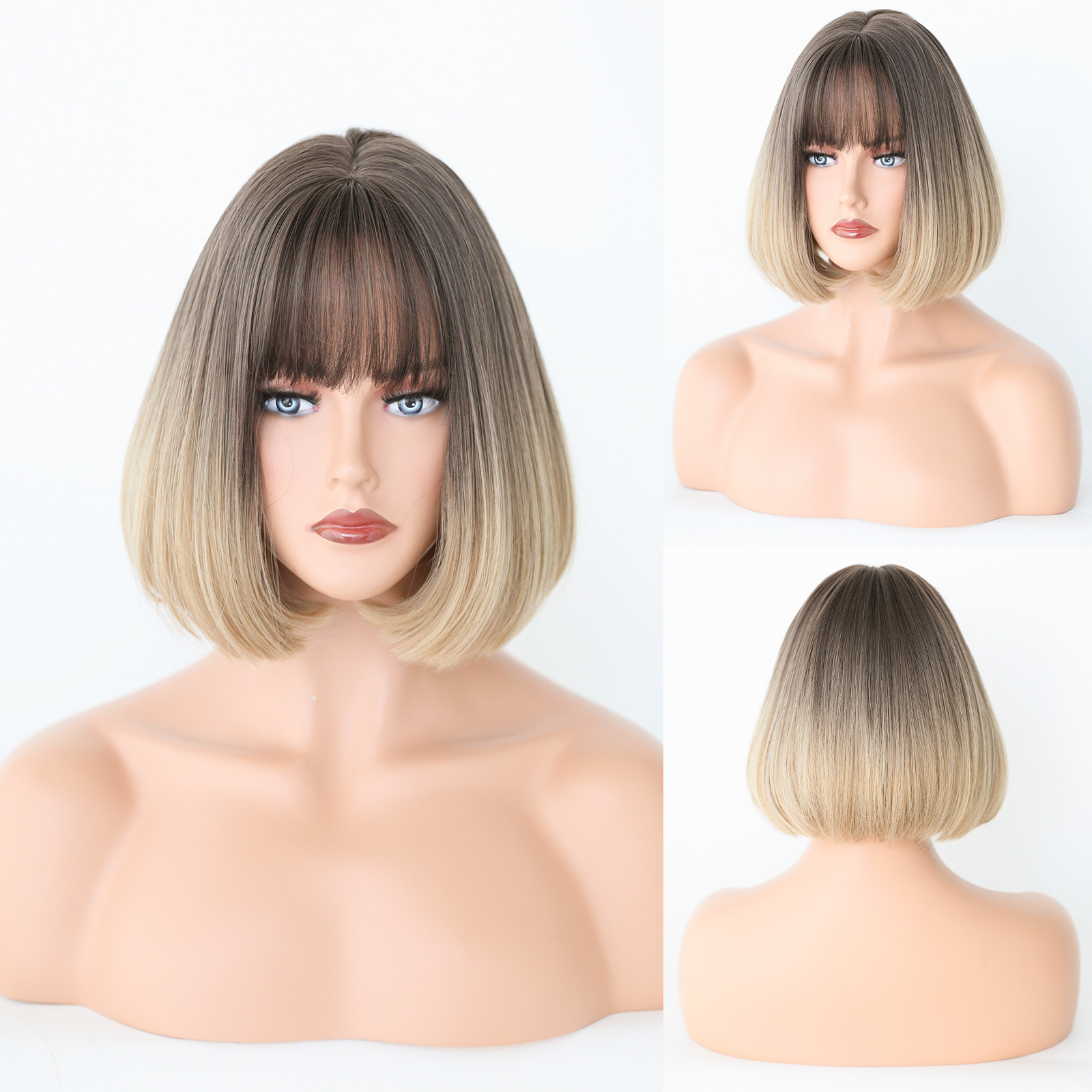 A fashionable female wig with short hair in a BOB head style, made from synthetic material with a gradient color and bangs, designed for easy styling.