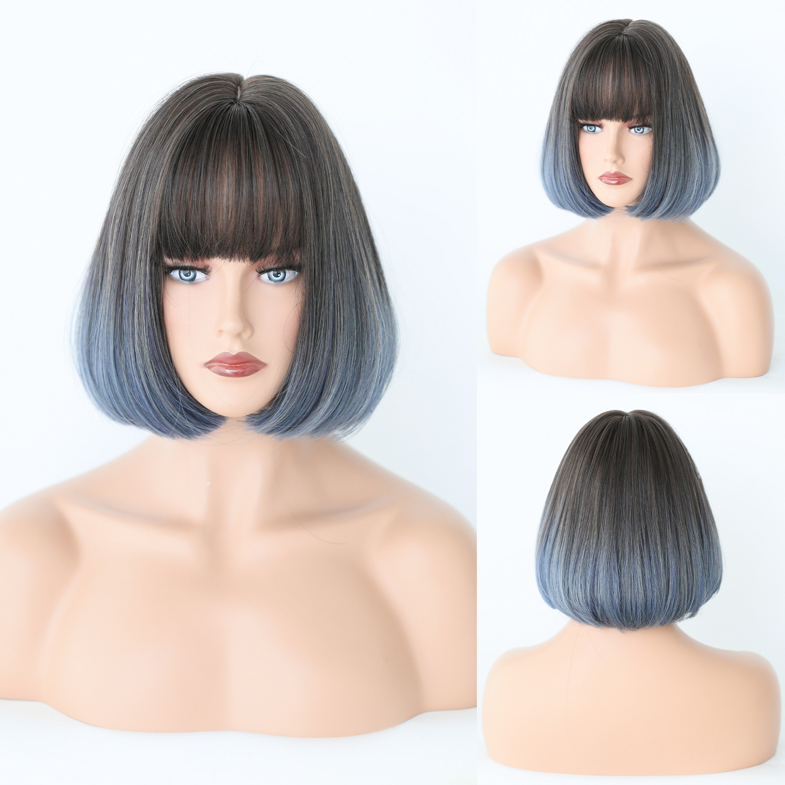 A synthetic wig featuring female short hair in a BOB head style with a gradient color and bangs, offering a stylish and effortless design for a fashionable look