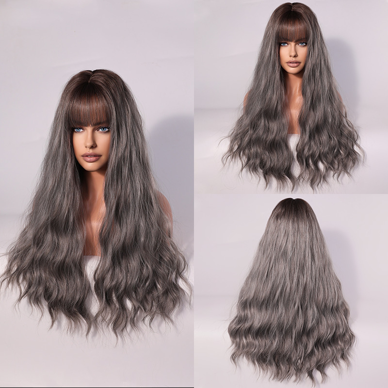 A stylish synthetic wig with a gray gradient color, long curly hair, and bangs, designed for women looking for a ready-to-go style