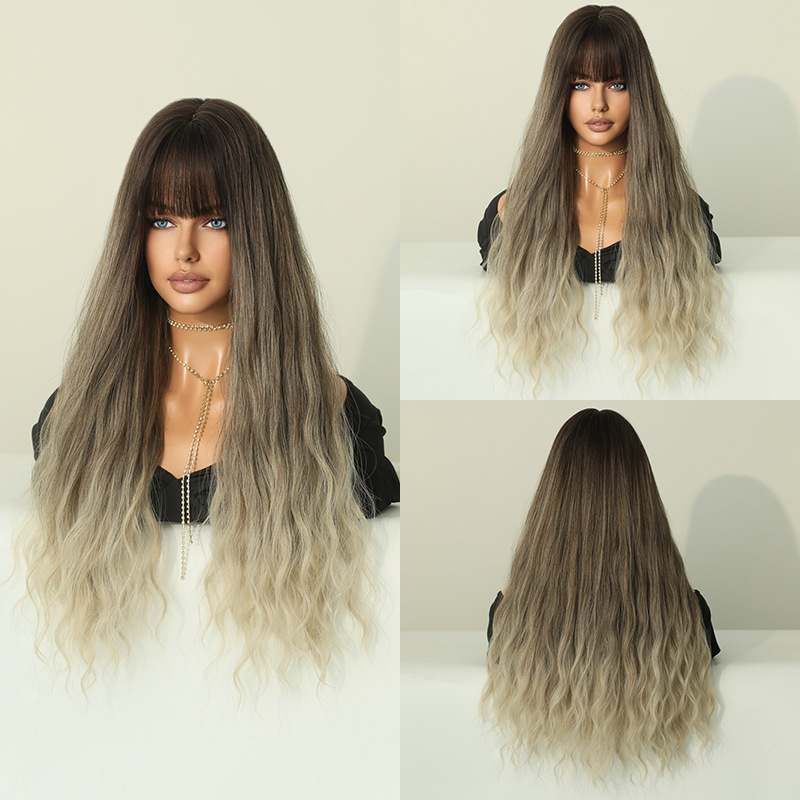 A synthetic wig designed for women, featuring a gray gradient color, long curly hair, and bangs for a fashionable appearance