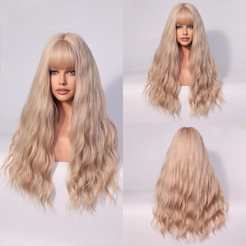 A synthetic wig designed for women, featuring a stylish gray gradient color, long curly hair, and bangs for a trendy look