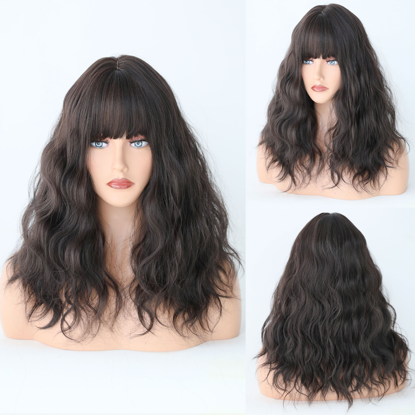 An easy-to-wear synthetic wig in female haze blue, featuring stylish wavy medium-length hair for a chic look