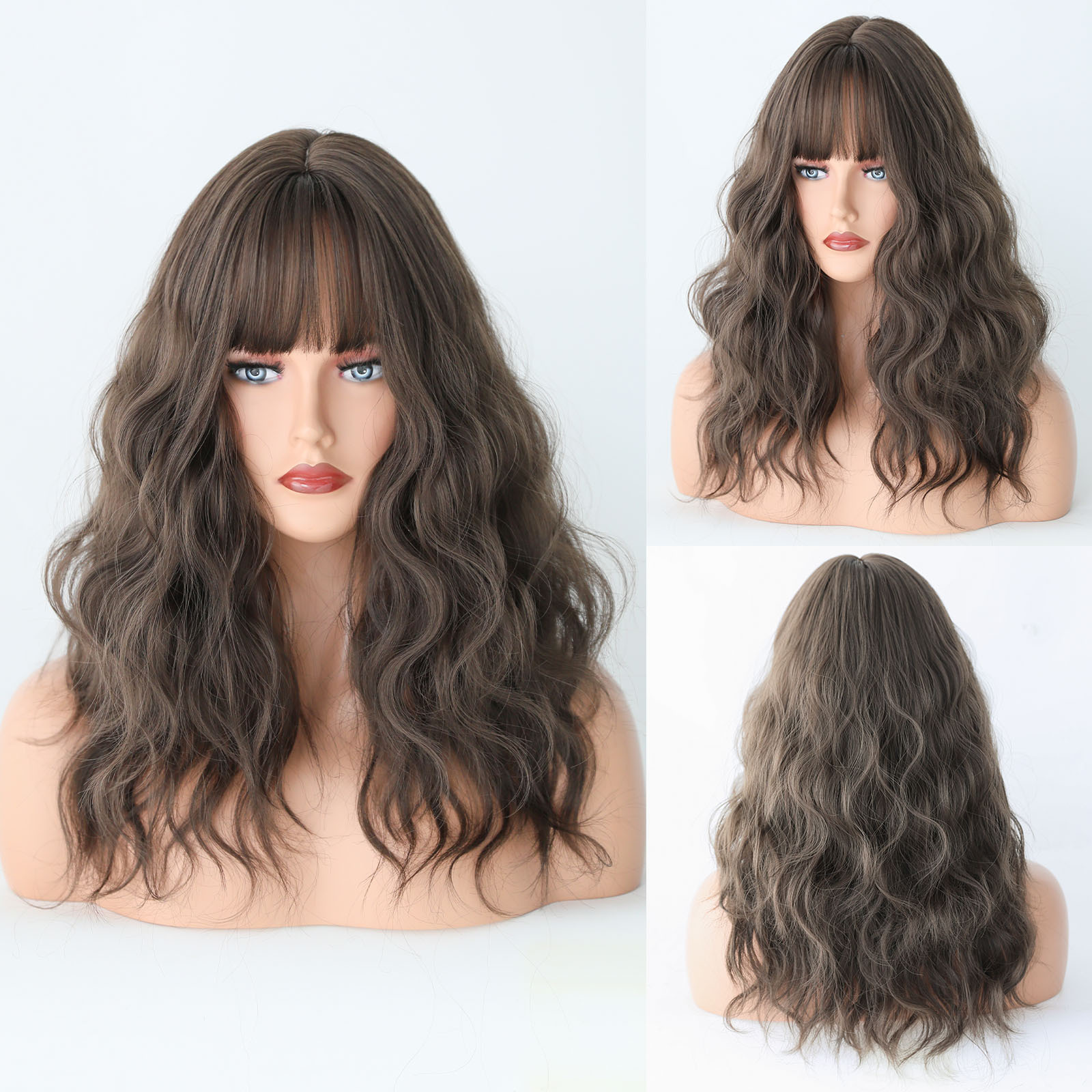 A trendy female haze blue wig with wavy medium-length curls, made from synthetic material for a fashionable appearance