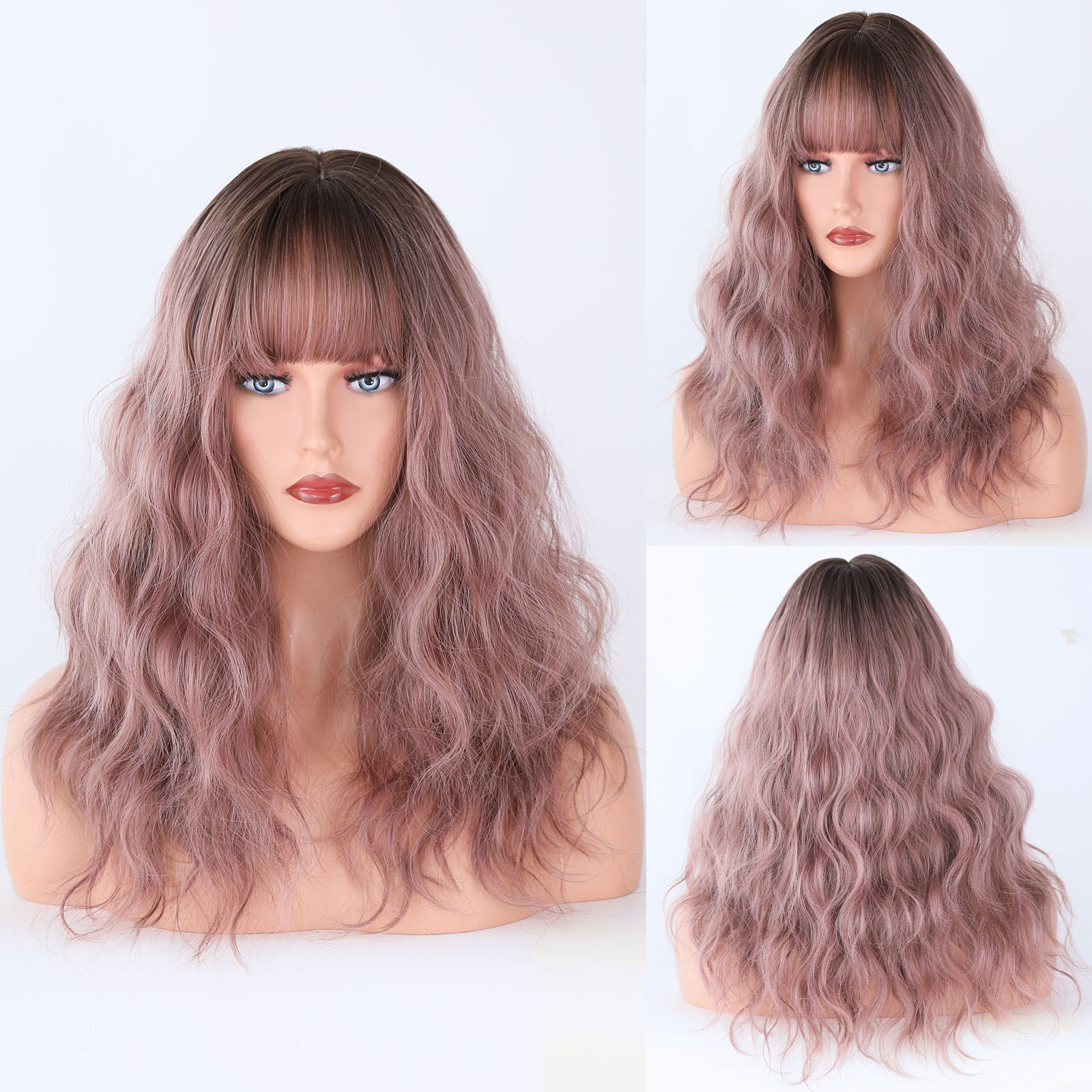 A trendy synthetic wig with female haze blue wavy medium hair, designed for a ready-to-go and fashionable style