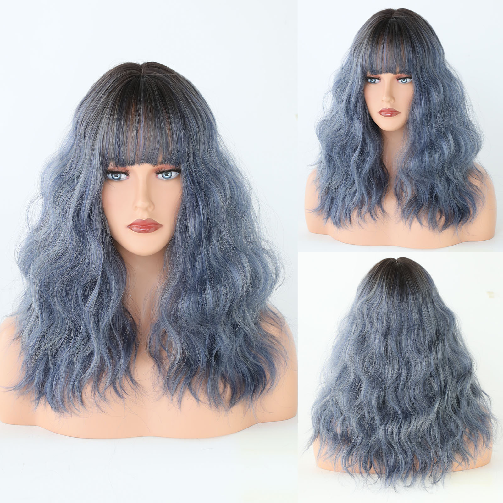 A synthetic wig featuring female haze blue wavy medium-length curly hair, offering a stylish and effortless design for a fashionable look