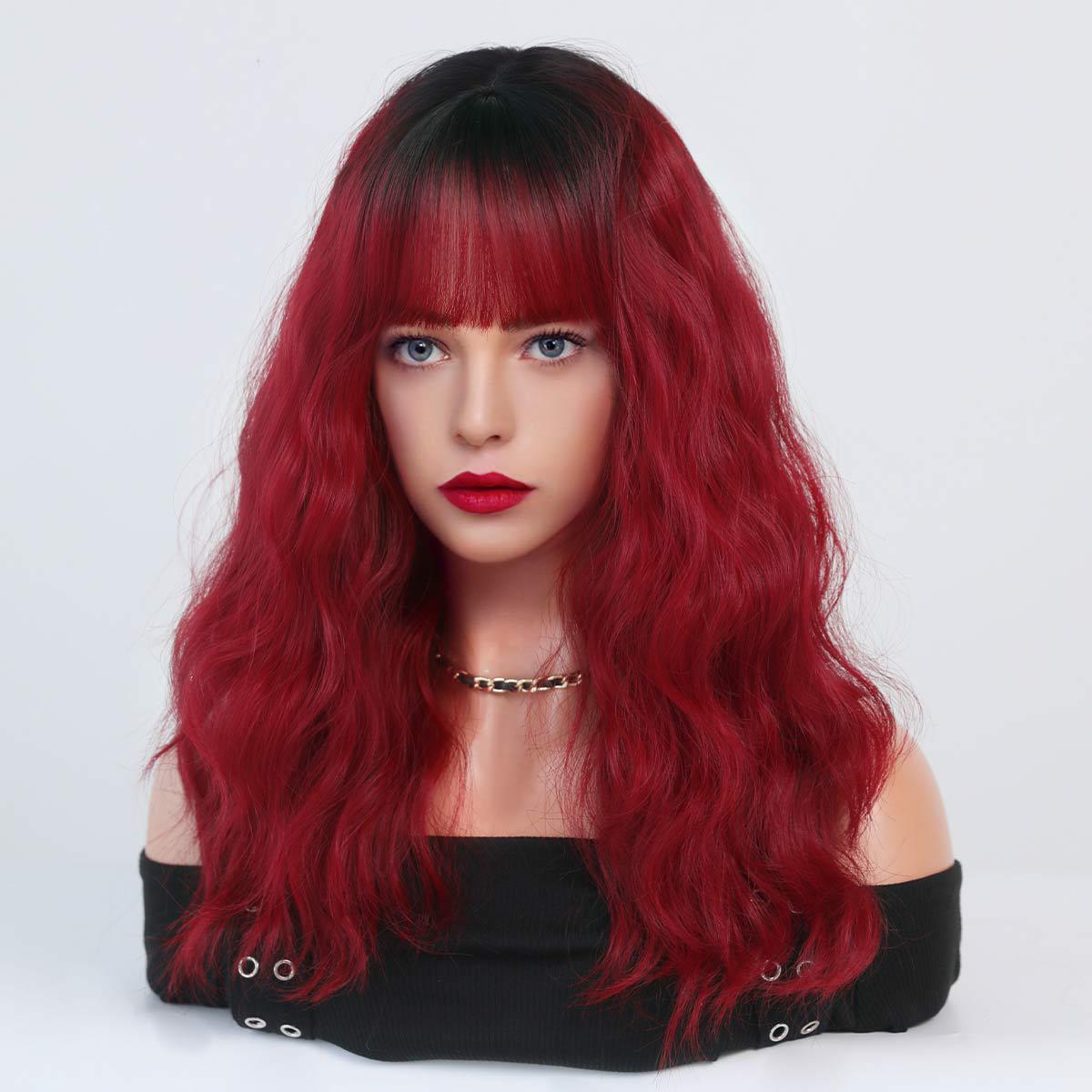 A fashionable female haze blue wig with wavy medium-length curly synthetic hair, designed for easy styling and a ready-to-wear look