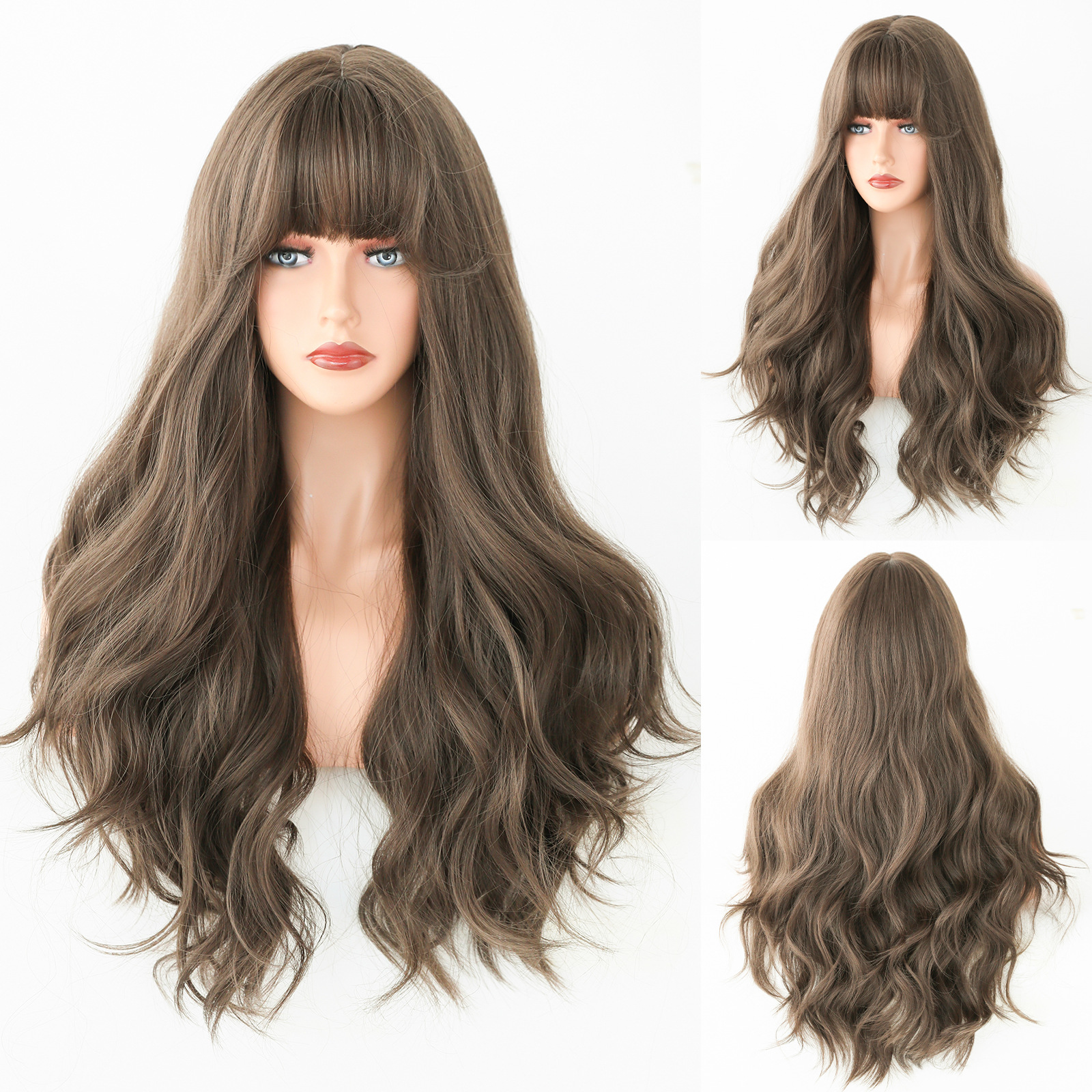 Trendy synthetic wig by Yinraohair in brown with headband gradient, featuring long curly hair and fashionable layered bangs, ready to go