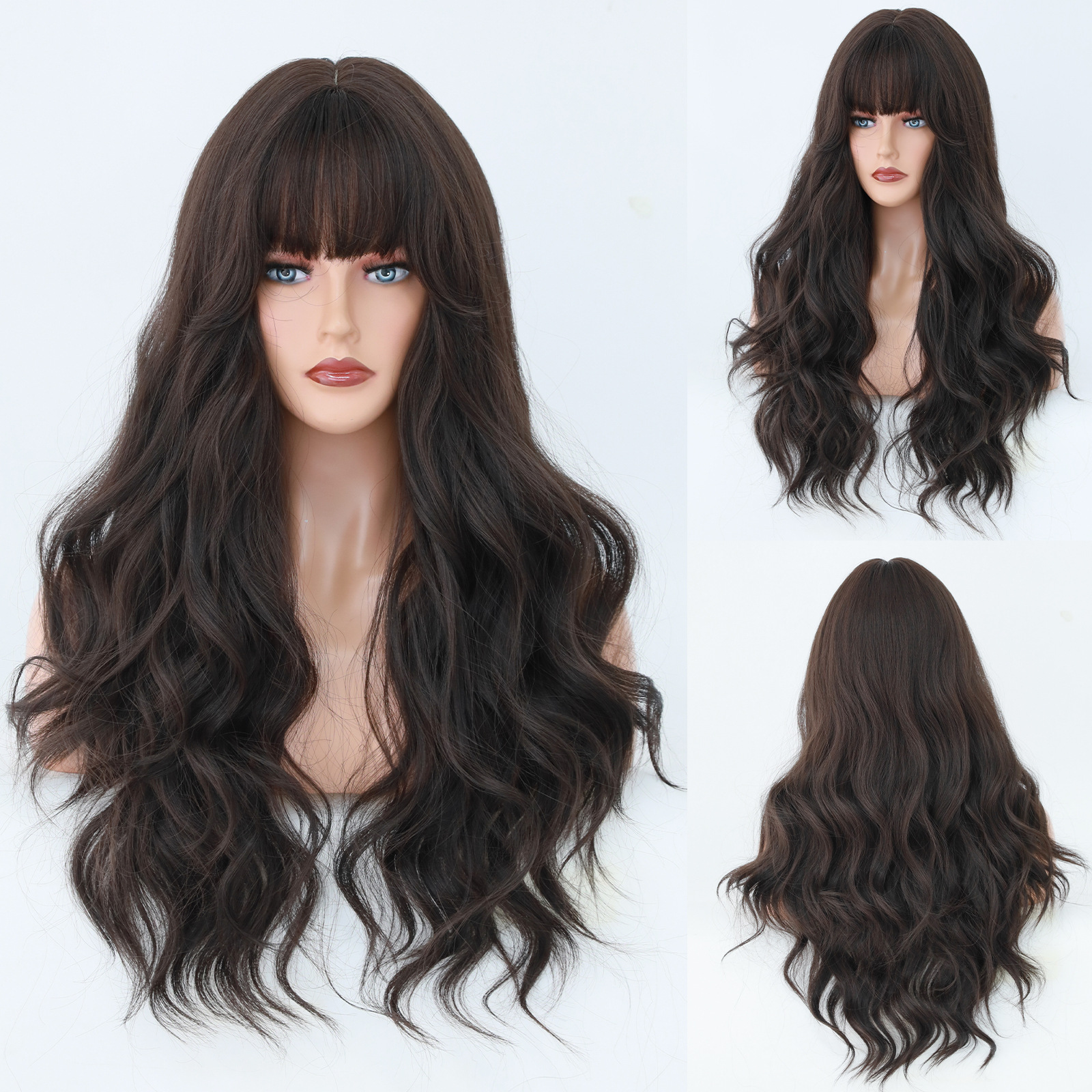 Long curly synthetic wig by Yinraohair in brown with fashionable headband gradient and layered bangs, ready to go