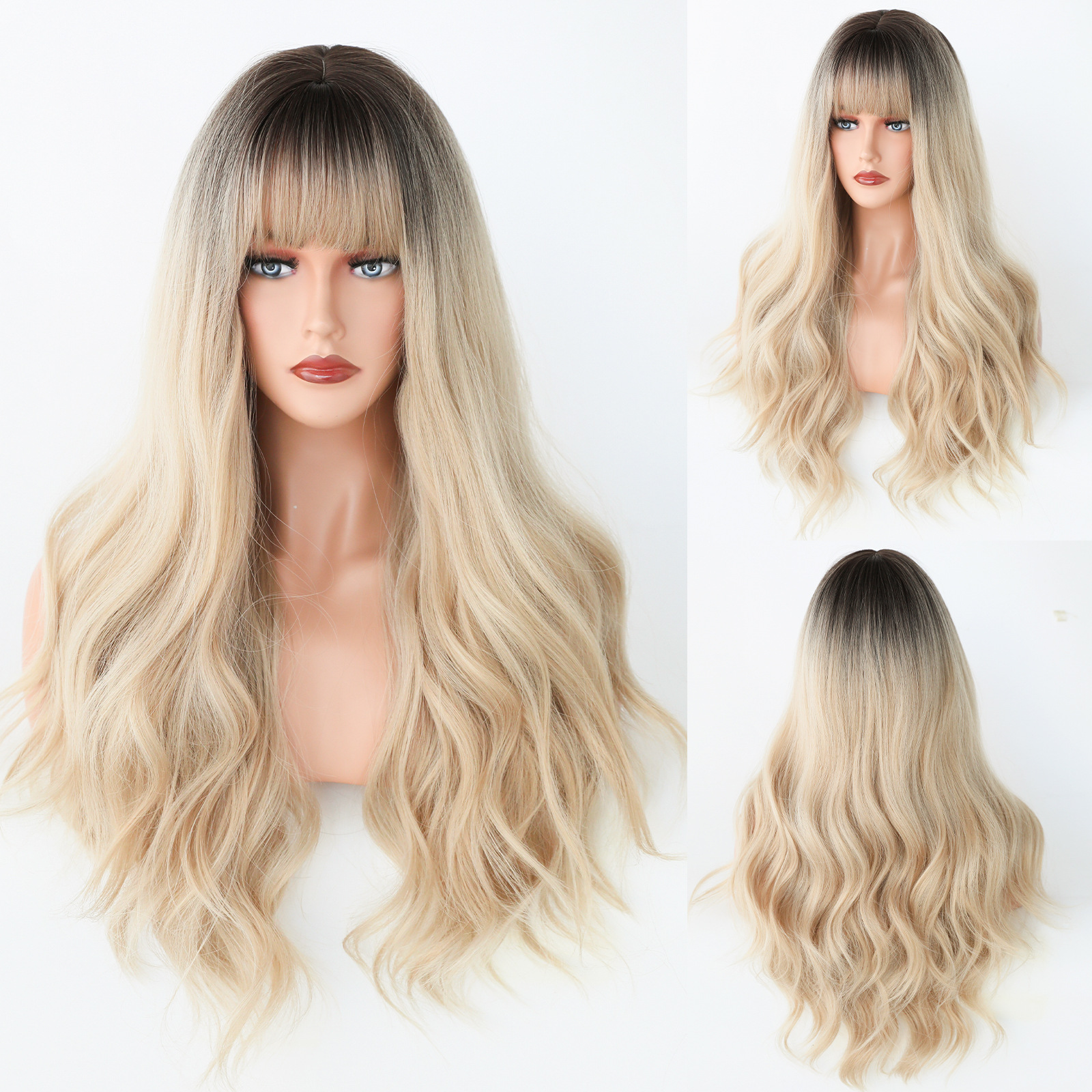 Fashionable synthetic wig from Yinraohair in brown with headband gradient, showcasing long curly hair and fashionable layered bangs, ready to go