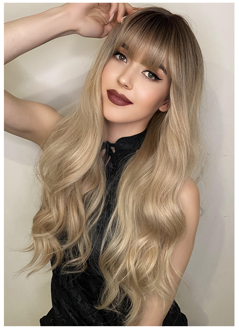 Ready-to-go synthetic wig by Yinraohair in brown with headband gradient, featuring long curly hair and fashionable layered bangs