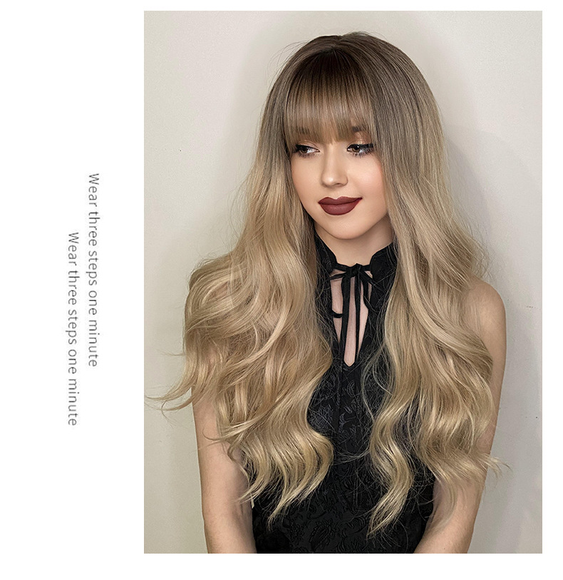 Synthetic wig by Yinraohair in brown with headband gradient, featuring long curly hair and fashionable layered bangs, ready to go