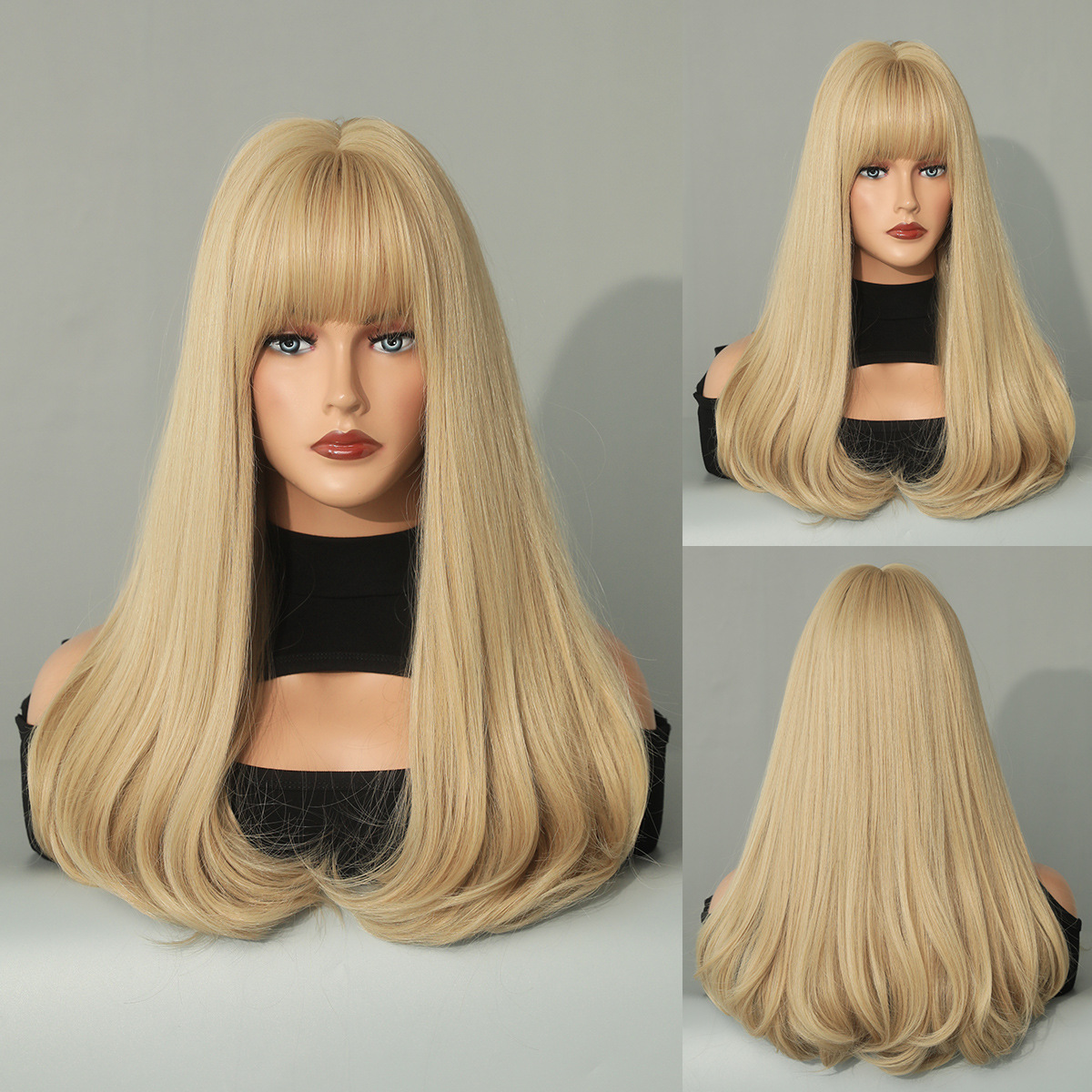 A synthetic wig set for women featuring a fashionable platinum blonde long curly wig, ideal for daily wear or Christmas occasions