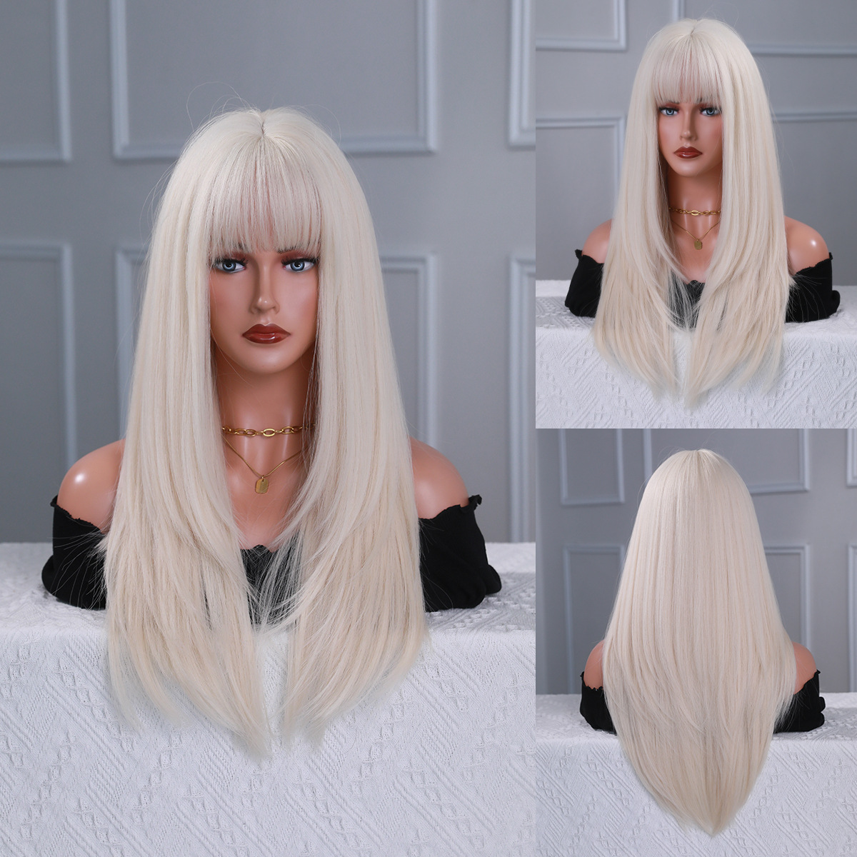 A wig with multicolor straight hair and trendy air bangs, made of synthetic material