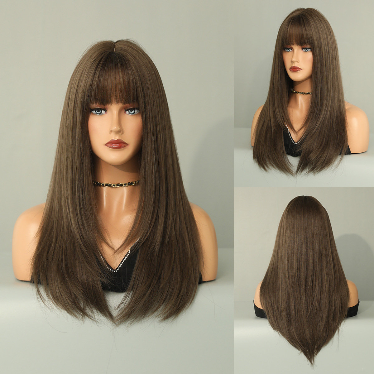 A synthetic wig featuring vibrant multicolor straight hair and stylish air bangs, ready to wear