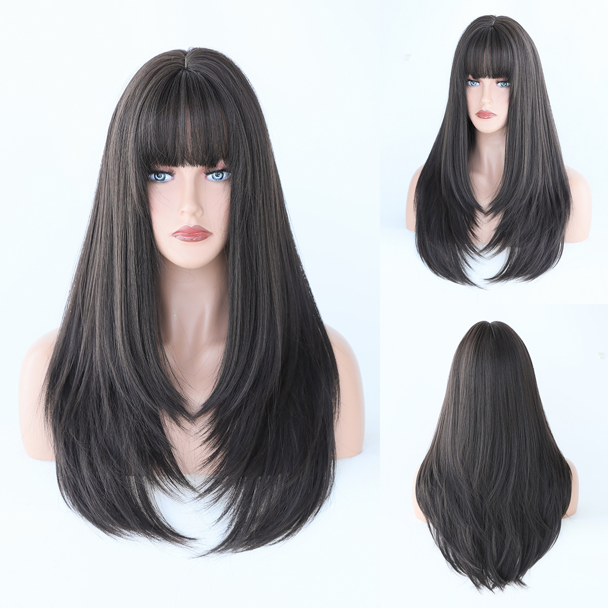 A synthetic wig with multicolor straight hair and fashionable air bangs, perfect for any occasion