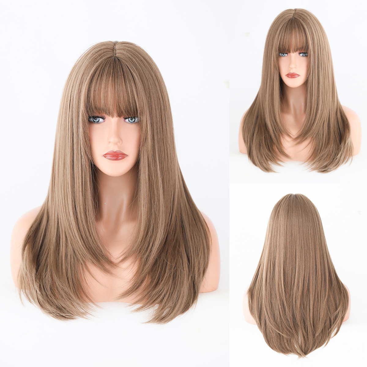 A stylish synthetic wig with multicolor straight hair and chic air bangs, ready to go
