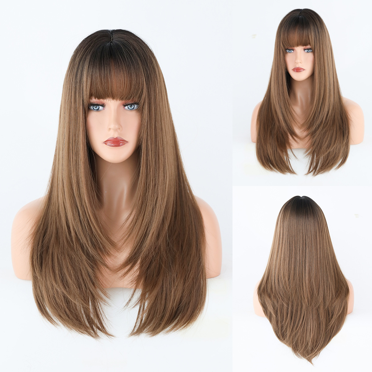 A fashionable synthetic wig featuring multicolor straight hair and trendy air bangs