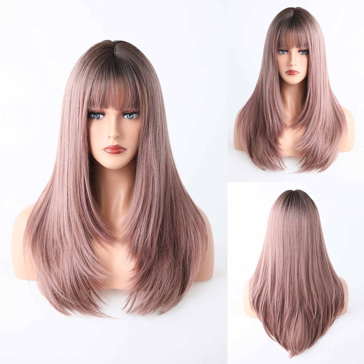 A synthetic wig designed for women, showcasing multicolor straight hair and flattering air bangs