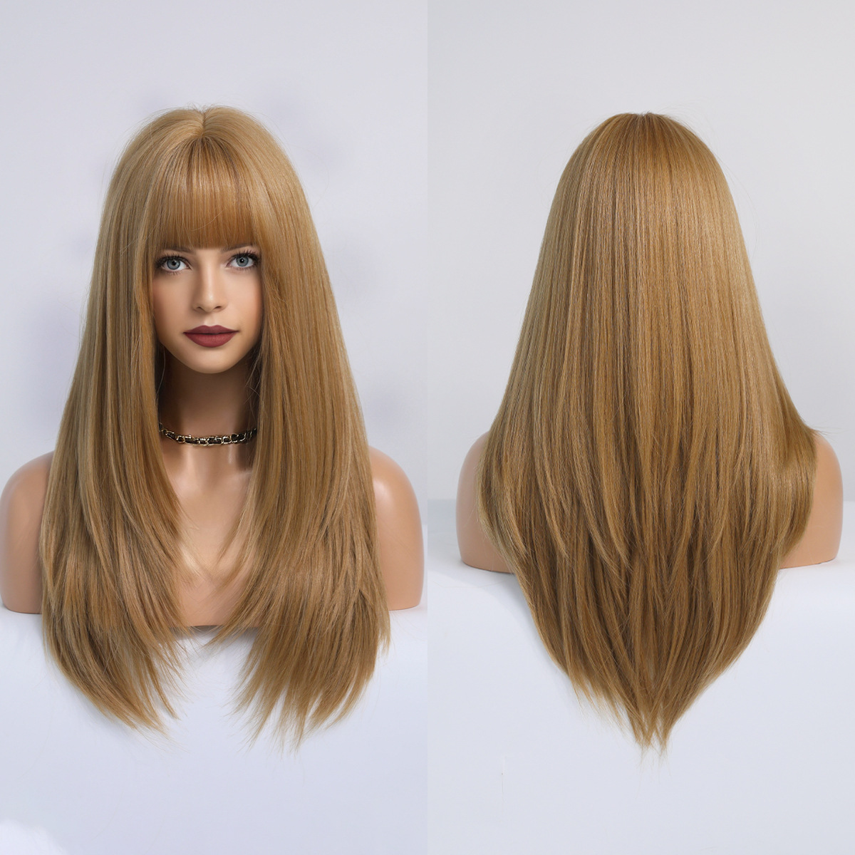 A ready-to-wear synthetic wig with multicolor straight hair and stylish air bangs