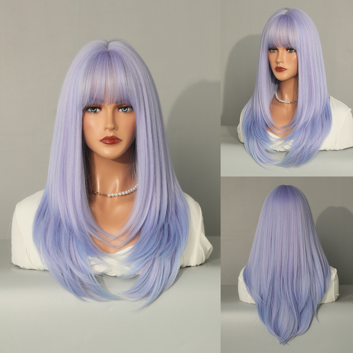 A wig with vibrant multicolor straight hair and air bangs, made of synthetic material