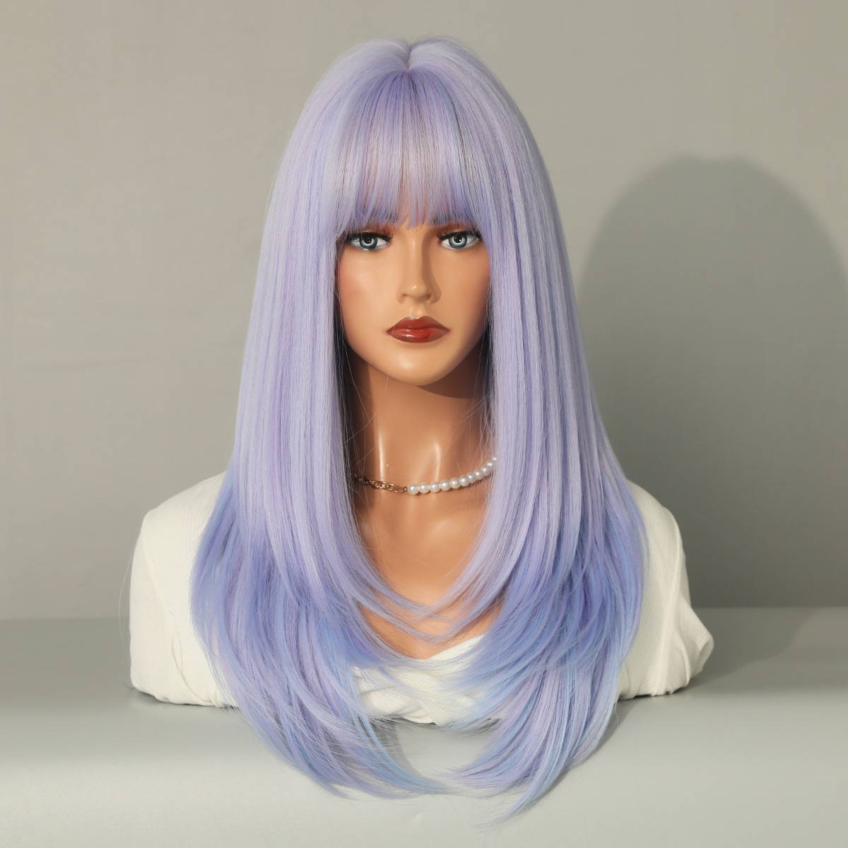 A synthetic wig with multicolor straight hair and air bangs, ready to wear