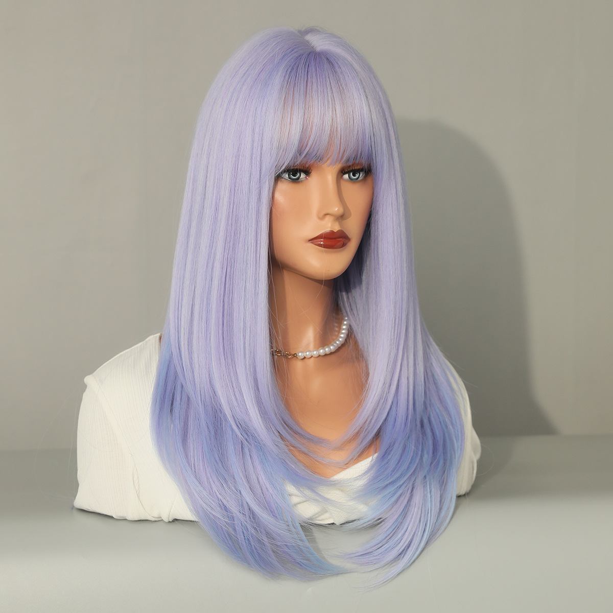 A wig with multicolor straight hair and air bangs, made of synthetic material